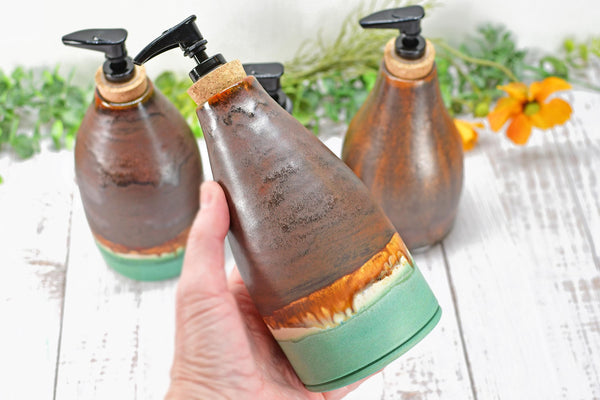 Handmade Ceramic Lotion / Soap Dispenser Stoneware Pottery in Bronze, Copper, Rust Orange, and Turquoise for Bathroom and Kitchen Decor