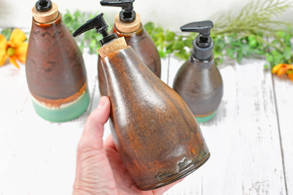 Handmade Ceramic Lotion / Soap Dispenser Stoneware Pottery in Bronze, Copper, Rust Orange, and Turquoise for Bathroom and Kitchen Decor