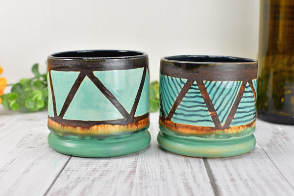 Bronze Turquoise Whiskey Tumbler, One Handmade Ceramic Pottery Hand Painted Anniversary Gift, Patina Green, Limited Edition Geometric
