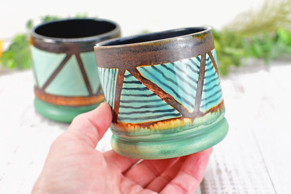Bronze Turquoise Whiskey Tumbler, One Handmade Ceramic Pottery Hand Painted Anniversary Gift, Patina Green, Limited Edition Geometric