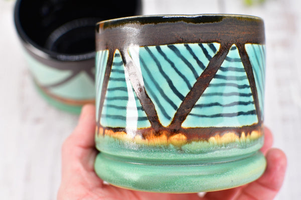 Bronze Turquoise Whiskey Tumbler, One Handmade Ceramic Pottery Hand Painted Anniversary Gift, Patina Green, Limited Edition Geometric