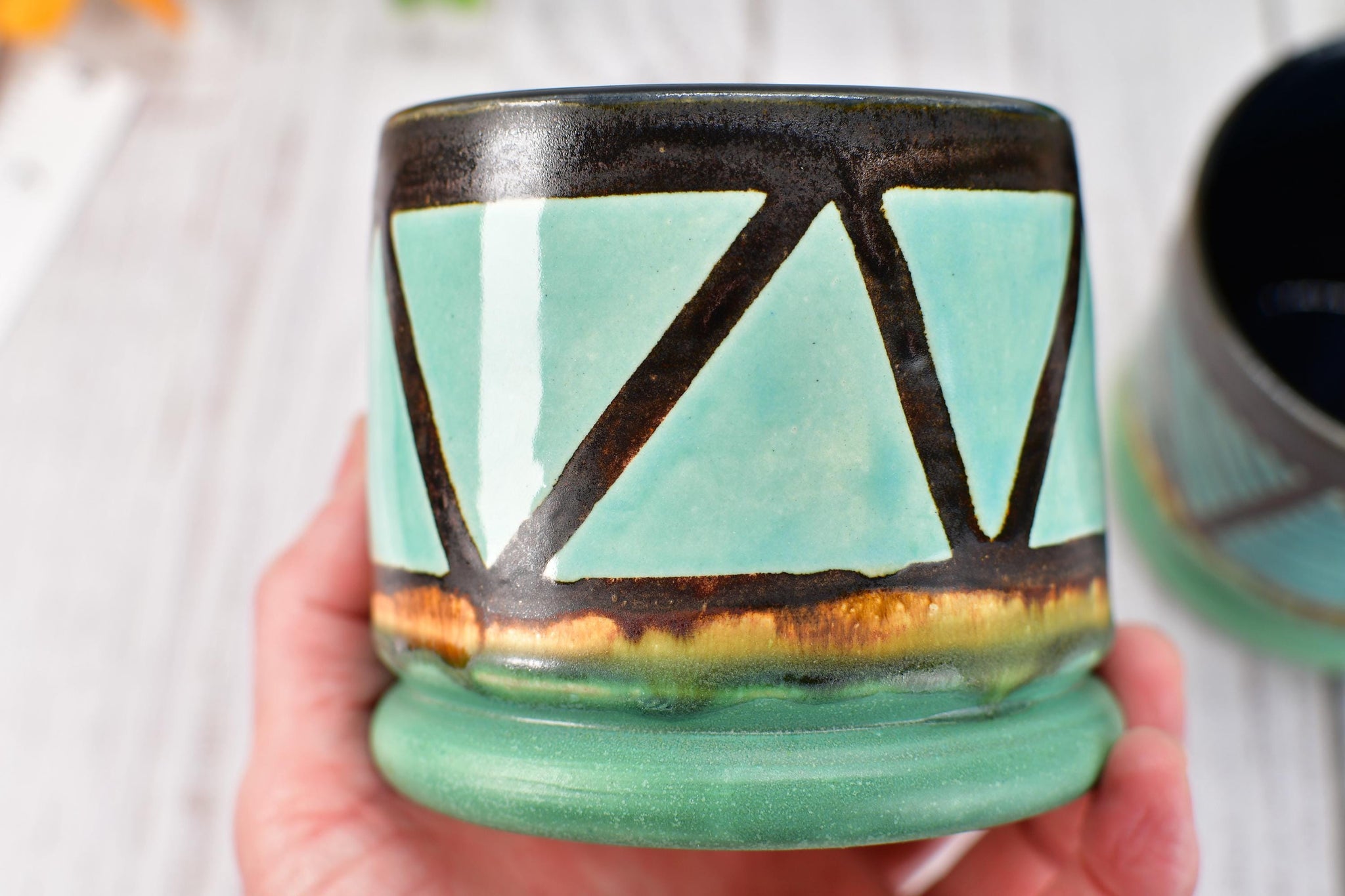 Bronze Turquoise Whiskey Tumbler, One Handmade Ceramic Pottery Hand Painted Anniversary Gift, Patina Green, Limited Edition Geometric