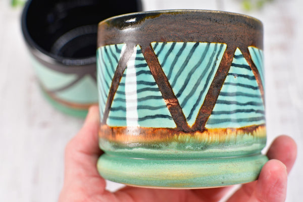 Bronze Turquoise Whiskey Tumbler, One Handmade Ceramic Pottery Hand Painted Anniversary Gift, Patina Green, Limited Edition Geometric