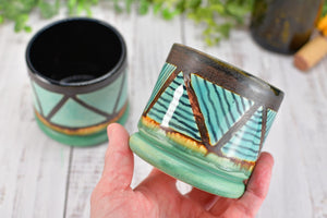 Bronze Turquoise Whiskey Tumbler, One Handmade Ceramic Pottery Hand Painted Anniversary Gift, Patina Green, Limited Edition Geometric