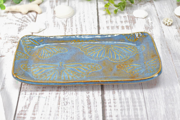 Butterfly Ceramic Dish, Spoon Rest, Handmade Stoneware Pottery for Countertop, Dining, Rutile Blue, Butter or Cracker Dish, Jewelry Trinket