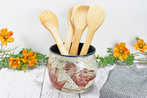 Ceramic Utensil Holder Crock for Kitchen Counter, Short Pottery Organizer, Black, White Gray Splatter | Cactus Pot | Paint Brush Holder