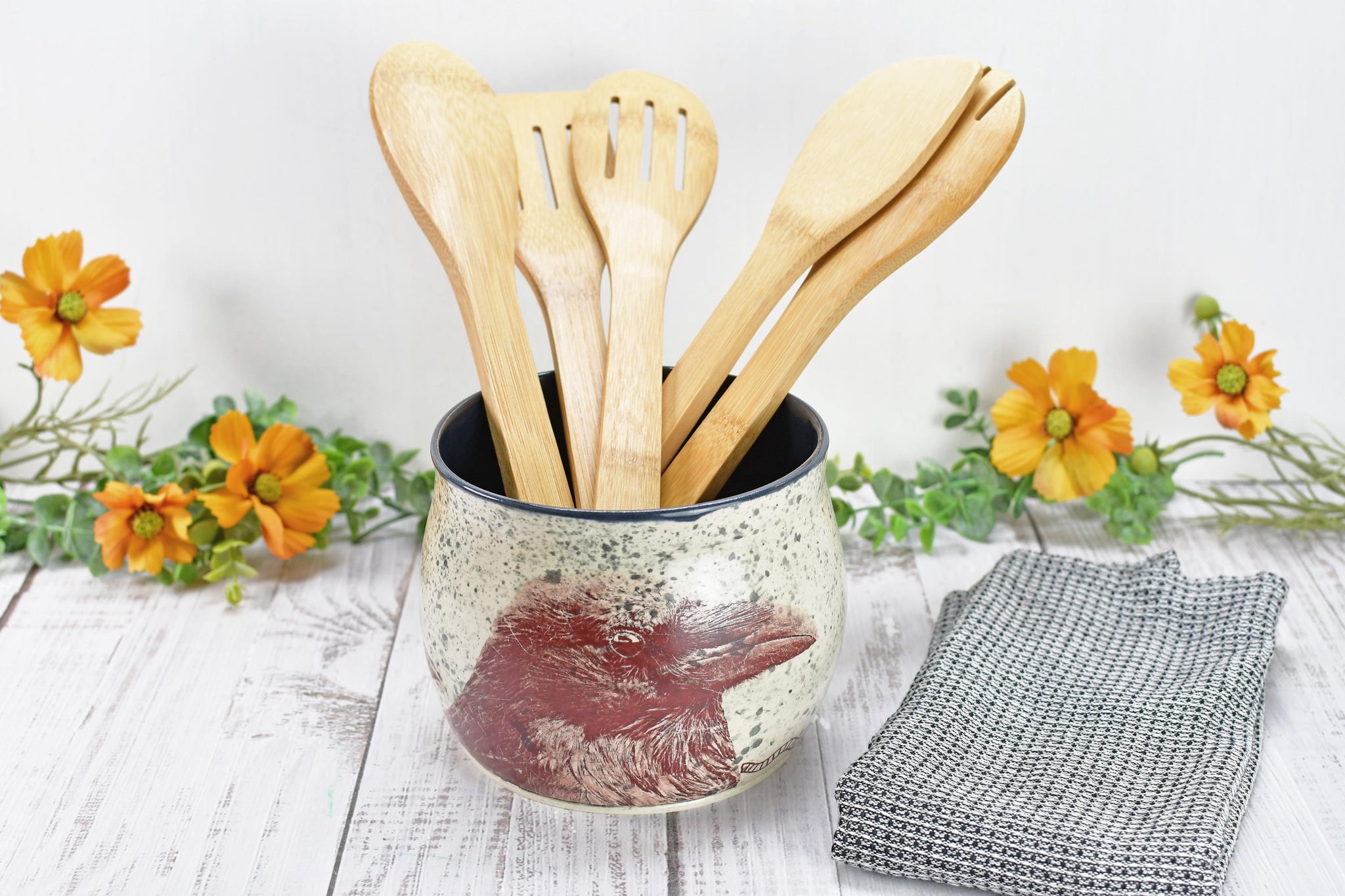 Ceramic Utensil Holder Crock for Kitchen Counter, Short Pottery Organizer, Black, White Gray Splatter | Cactus Pot | Paint Brush Holder