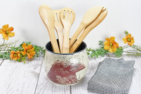 Ceramic Utensil Holder Crock for Kitchen Counter, Short Pottery Organizer, Black, White Gray Splatter | Cactus Pot | Paint Brush Holder