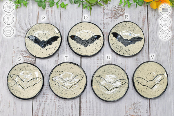 Bat Small Ceramic Coffee Spoon Rest, Handmade Stoneware Pottery Trinket Jewelry Dish, Halloween Black, White, Turquoise, Gray Gothic Decor