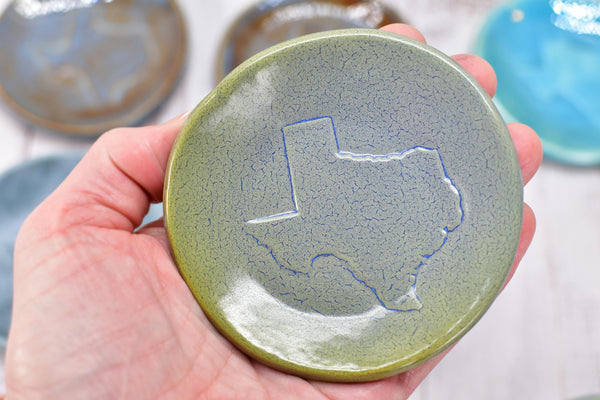 Texas Ceramic Small Coffee Spoon Rest, Handmade Jewelry Trinket Dish, Stoneware Pottery, Burnt Orange, Blue, Turquoise, Brown, Green, Black