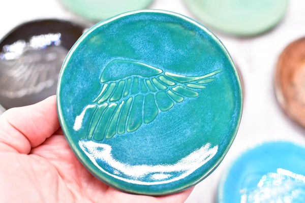 Angel Bird Wing Ceramic Small Coffee Spoon Rest, Jewelry Trinket Dish, Handmade Stoneware Pottery Hand Painted in Black and White