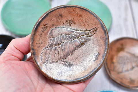 Angel Bird Wing Ceramic Small Coffee Spoon Rest, Jewelry Trinket Dish, Handmade Stoneware Pottery Hand Painted in Black and White