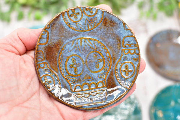 Sugar Skull Small Ceramic Coffee Spoon Rest, Handmade Stoneware Pottery, Blue, Black, Brown, Teal, Tea Bag Rest, Day of The Dead