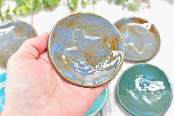 Texas Ceramic Small Coffee Spoon Rest, Handmade Jewelry Trinket Dish, Stoneware Pottery, Burnt Orange, Blue, Turquoise, Brown, Green, Black