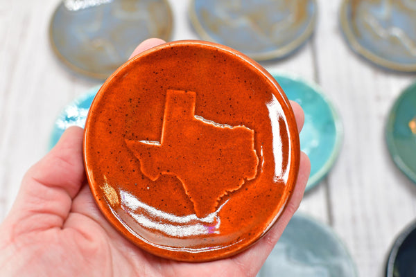 Texas Ceramic Small Coffee Spoon Rest, Handmade Jewelry Trinket Dish, Stoneware Pottery, Burnt Orange, Blue, Turquoise, Brown, Green, Black
