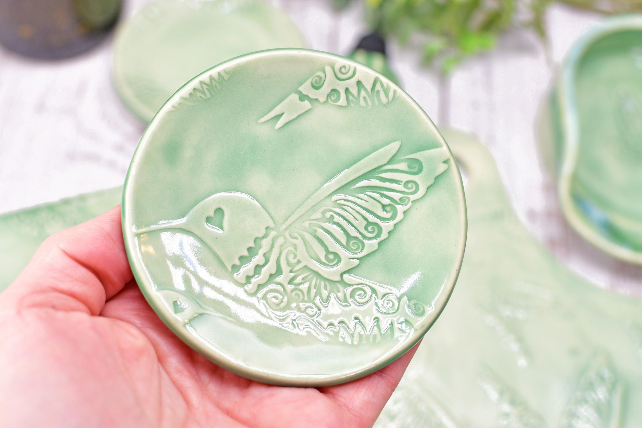 Hummingbird Spoon Rest Charcuterie Plate, Ceramic Flat Slab for Stovetop, Handmade Stoneware Pottery Mint Green Ring Dish Xmas Gift Per Each