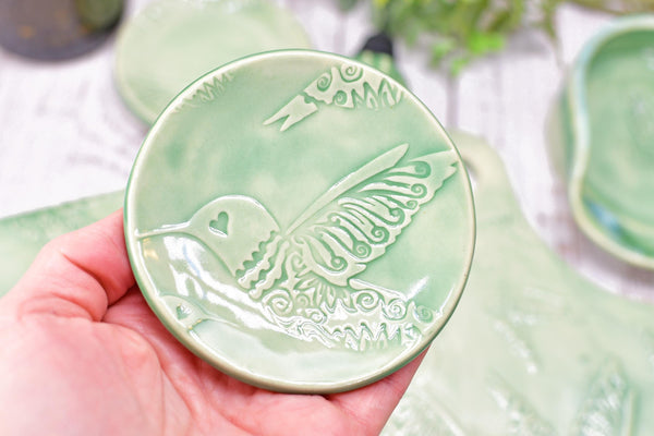 Hummingbird Spoon Rest Charcuterie Plate, Ceramic Flat Slab for Stovetop, Handmade Stoneware Pottery Mint Green Ring Dish Xmas Gift Per Each