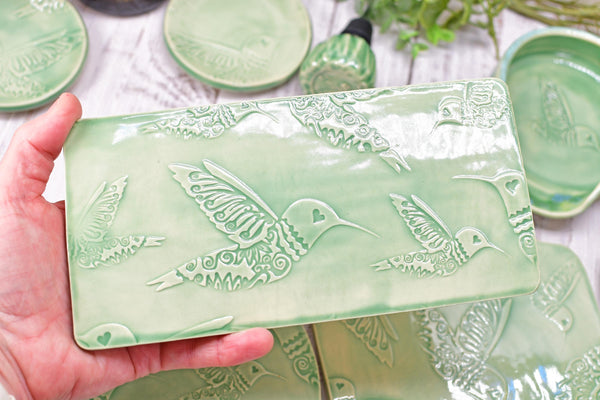 Hummingbird Spoon Rest Charcuterie Plate, Ceramic Flat Slab for Stovetop, Handmade Stoneware Pottery Mint Green Ring Dish Xmas Gift Per Each