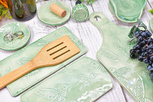 Hummingbird Spoon Rest Charcuterie Plate, Ceramic Flat Slab for Stovetop, Handmade Stoneware Pottery Mint Green Ring Dish Xmas Gift Per Each