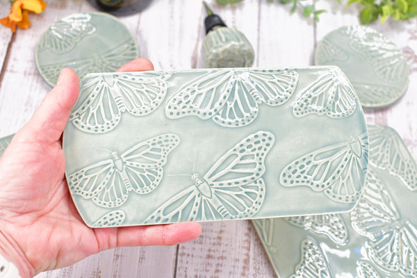 Butterfly Charcuterie Plate, Gray Ceramic Monarch Flat Spoon Rest Slab Stovetop, Handmade Stoneware Pottery Celadon, Xmas Gift, Per Each
