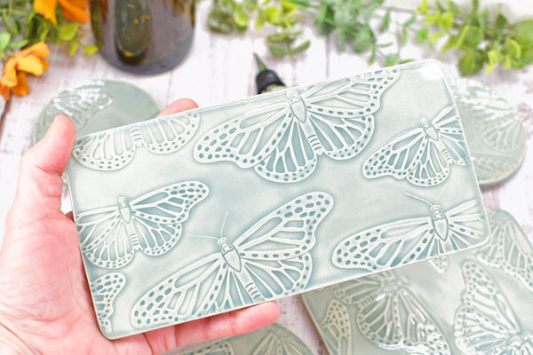 Butterfly Charcuterie Plate, Gray Ceramic Monarch Flat Spoon Rest Slab Stovetop, Handmade Stoneware Pottery Celadon, Xmas Gift, Per Each