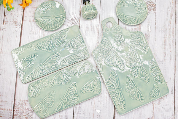 Butterfly Charcuterie Plate, Gray Ceramic Monarch Flat Spoon Rest Slab Stovetop, Handmade Stoneware Pottery Celadon, Xmas Gift, Per Each