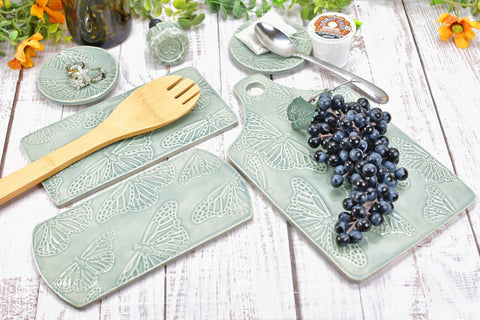 Butterfly Charcuterie Plate, Gray Ceramic Monarch Flat Spoon Rest Slab Stovetop, Handmade Stoneware Pottery Celadon, Xmas Gift, Per Each
