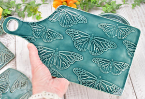 Butterfly Spoon Rest Charcuterie Plate, Ceramic Monarch Flat Slab for Stovetop, Handmade Stoneware Pottery Green Dish Xmas Gift, Per Each
