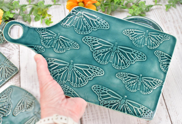 Butterfly Spoon Rest Charcuterie Plate, Ceramic Monarch Flat Slab for Stovetop, Handmade Stoneware Pottery Green Dish Xmas Gift, Per Each