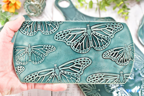 Butterfly Spoon Rest Charcuterie Plate, Ceramic Monarch Flat Slab for Stovetop, Handmade Stoneware Pottery Green Dish Xmas Gift, Per Each