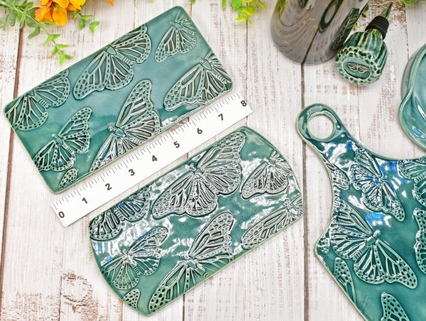 Butterfly Spoon Rest Charcuterie Plate, Ceramic Monarch Flat Slab for Stovetop, Handmade Stoneware Pottery Green Dish Xmas Gift, Per Each