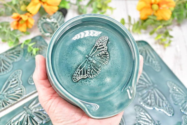 Butterfly Spoon Rest Charcuterie Plate, Ceramic Monarch Flat Slab for Stovetop, Handmade Stoneware Pottery Green Dish Xmas Gift, Per Each
