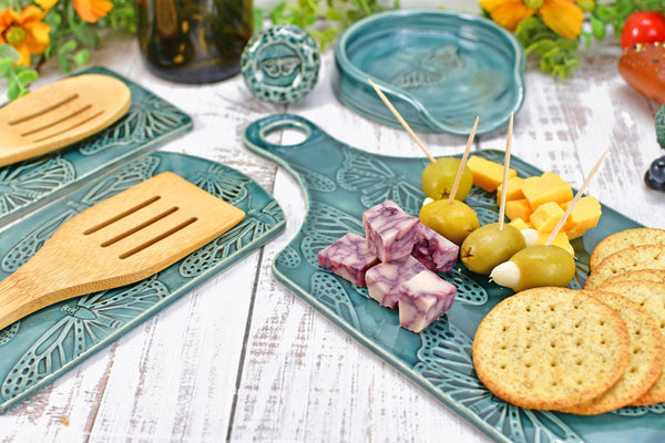 Butterfly Spoon Rest Charcuterie Plate, Ceramic Monarch Flat Slab for Stovetop, Handmade Stoneware Pottery Green Dish Xmas Gift, Per Each