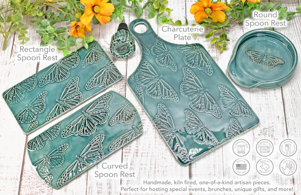 Butterfly Spoon Rest Charcuterie Plate, Ceramic Monarch Flat Slab for Stovetop, Handmade Stoneware Pottery Green Dish Xmas Gift, Per Each