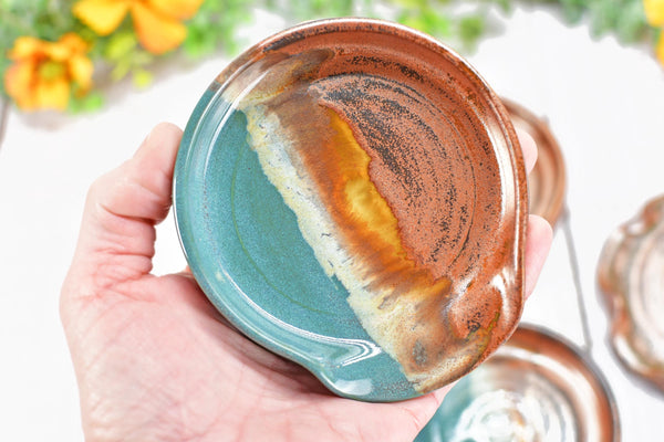 Copper & Turquoise Ceramic Spoon Rest, Handmade Medium Stoneware Pottery, Stovetop, Tabletop, Countertop Coffee Tea Bag Holder, Soap Dish