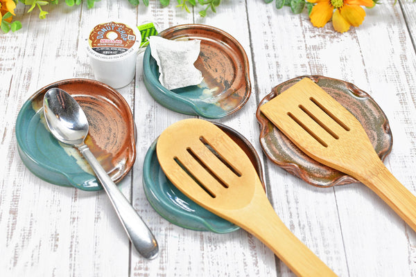 Copper & Turquoise Ceramic Spoon Rest, Handmade Medium Stoneware Pottery, Stovetop, Tabletop, Countertop Coffee Tea Bag Holder, Soap Dish