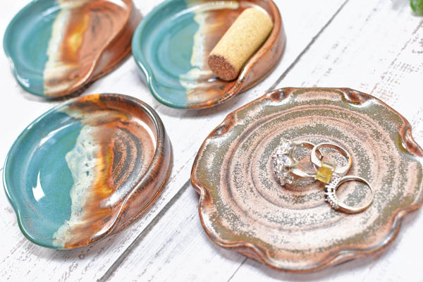Copper & Turquoise Ceramic Spoon Rest, Handmade Medium Stoneware Pottery, Stovetop, Tabletop, Countertop Coffee Tea Bag Holder, Soap Dish