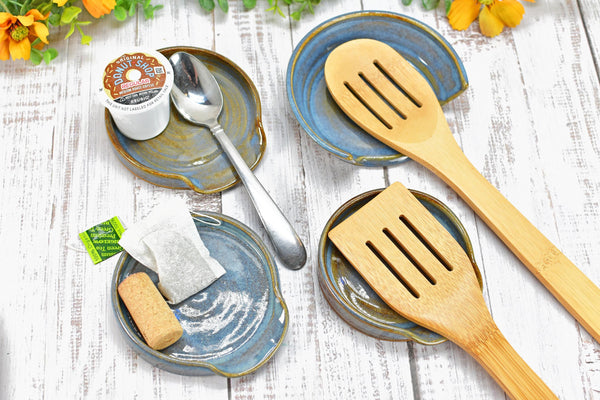 Blue & Brown Ceramic Spoon Rest, Handmade Medium Rutile Stoneware Pottery, Stovetop, Tabletop, Countertop Coffee Tea Bag Holder, Soap Dish