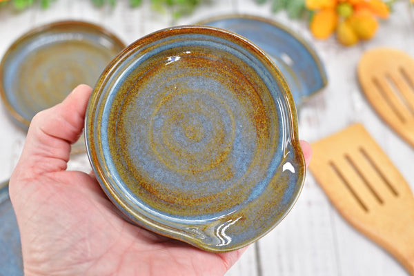 Blue & Brown Ceramic Spoon Rest, Handmade Medium Rutile Stoneware Pottery, Stovetop, Tabletop, Countertop Coffee Tea Bag Holder, Soap Dish