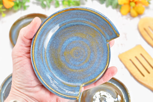 Blue & Brown Ceramic Spoon Rest, Handmade Medium Rutile Stoneware Pottery, Stovetop, Tabletop, Countertop Coffee Tea Bag Holder, Soap Dish