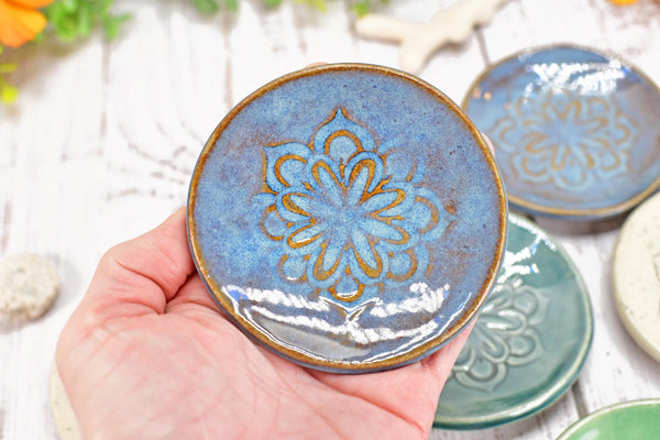 Floral Ceramic Small Coffee Spoon Rest, Handmade Jewelry Trinket Dish, Hand Painted Stoneware Pottery Gift in Blue, Green, and Black & White