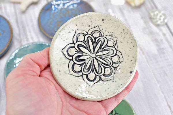 Floral Ceramic Small Coffee Spoon Rest, Handmade Jewelry Trinket Dish, Hand Painted Stoneware Pottery Gift in Blue, Green, and Black & White
