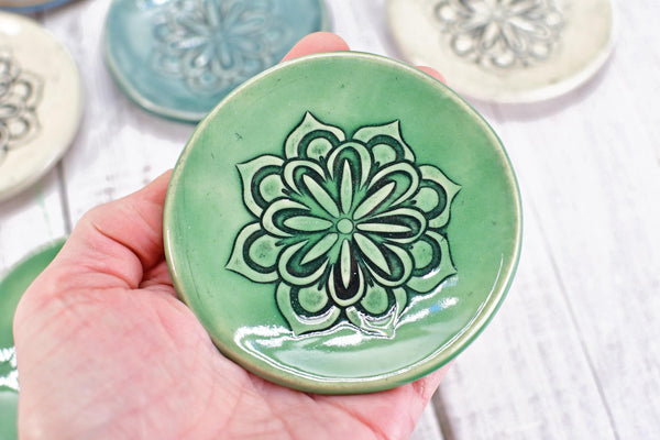 Floral Ceramic Small Coffee Spoon Rest, Handmade Jewelry Trinket Dish, Hand Painted Stoneware Pottery Gift in Blue, Green, and Black & White