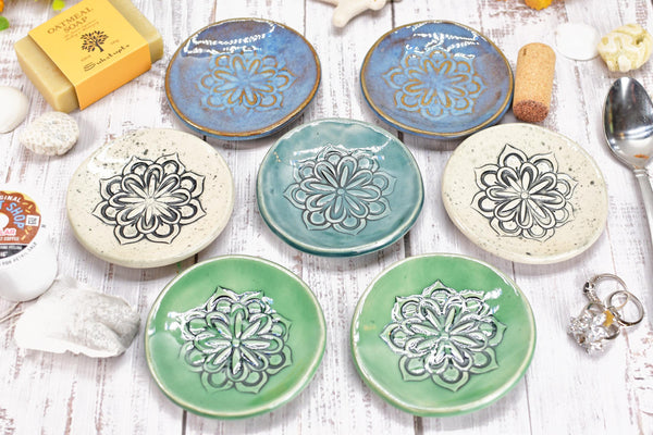 Floral Ceramic Small Coffee Spoon Rest, Handmade Jewelry Trinket Dish, Hand Painted Stoneware Pottery Gift in Blue, Green, and Black & White