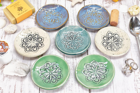 Floral Ceramic Small Coffee Spoon Rest, Handmade Jewelry Trinket Dish, Hand Painted Stoneware Pottery Gift in Blue, Green, and Black & White
