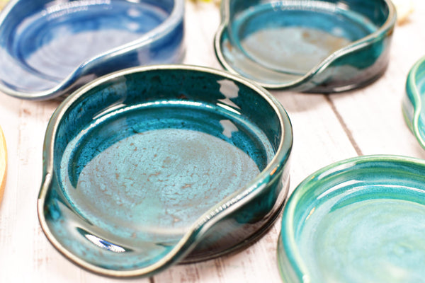 Blue Teal Ceramic Spoon Rest, Turquoise Handmade Medium & Large Stoneware Pottery for Stovetop, Table Counter - Housewarming Christmas Gift
