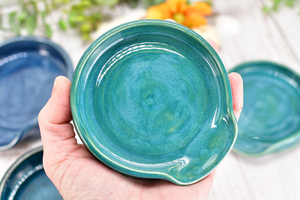 Blue Teal Ceramic Spoon Rest, Turquoise Handmade Medium & Large Stoneware Pottery for Stovetop, Table Counter - Housewarming Christmas Gift
