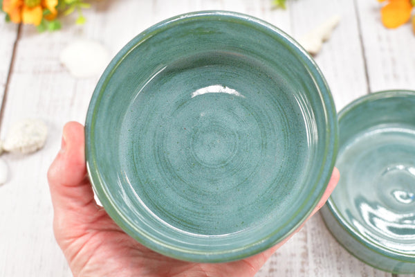 Ceramic Bowl Set of 2, Handmade Stoneware Pottery, Dip, Snack, Salsa, Small Pet Food & Water Dish, Black Teal Green
