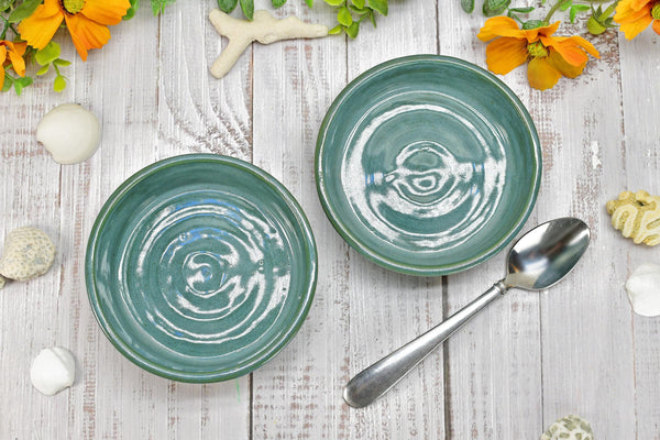 Ceramic Bowl Set of 2, Handmade Stoneware Pottery, Dip, Snack, Salsa, Small Pet Food & Water Dish, Black Teal Green