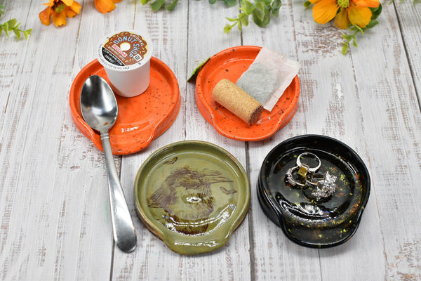 Raven Bird Ceramic Spoon Rest, Handmade Pottery, Medium for Stovetop Halloween, Countertop, Coffee Tea in Ghost Orange, Black, Olive Brown